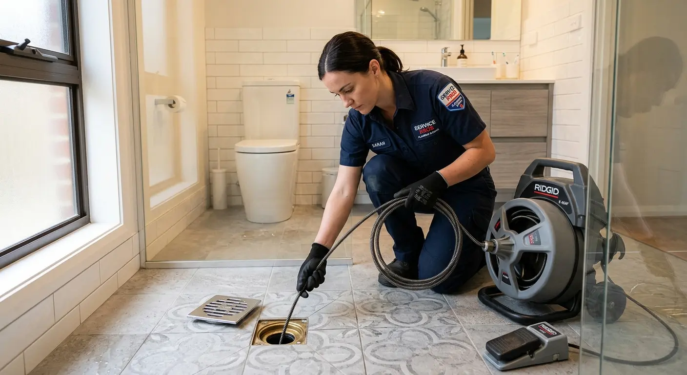 Technician clearing a bathroom floor drain for Sewer Line Replacement in Mount Pleasant